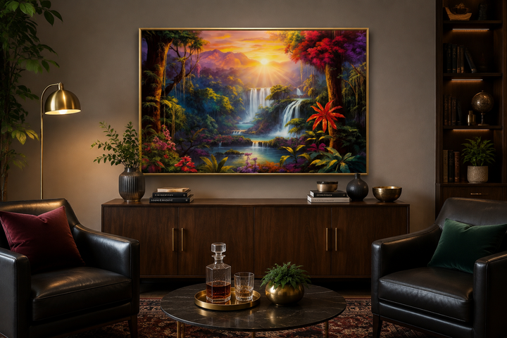 Framed canvas wall art of a colorful tropical rainforest waterfall at sunrise in a living room.