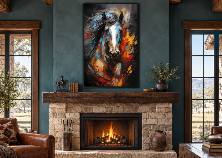 Extra large framed abstract painting of a colorful horse above a rustic stone fireplace.