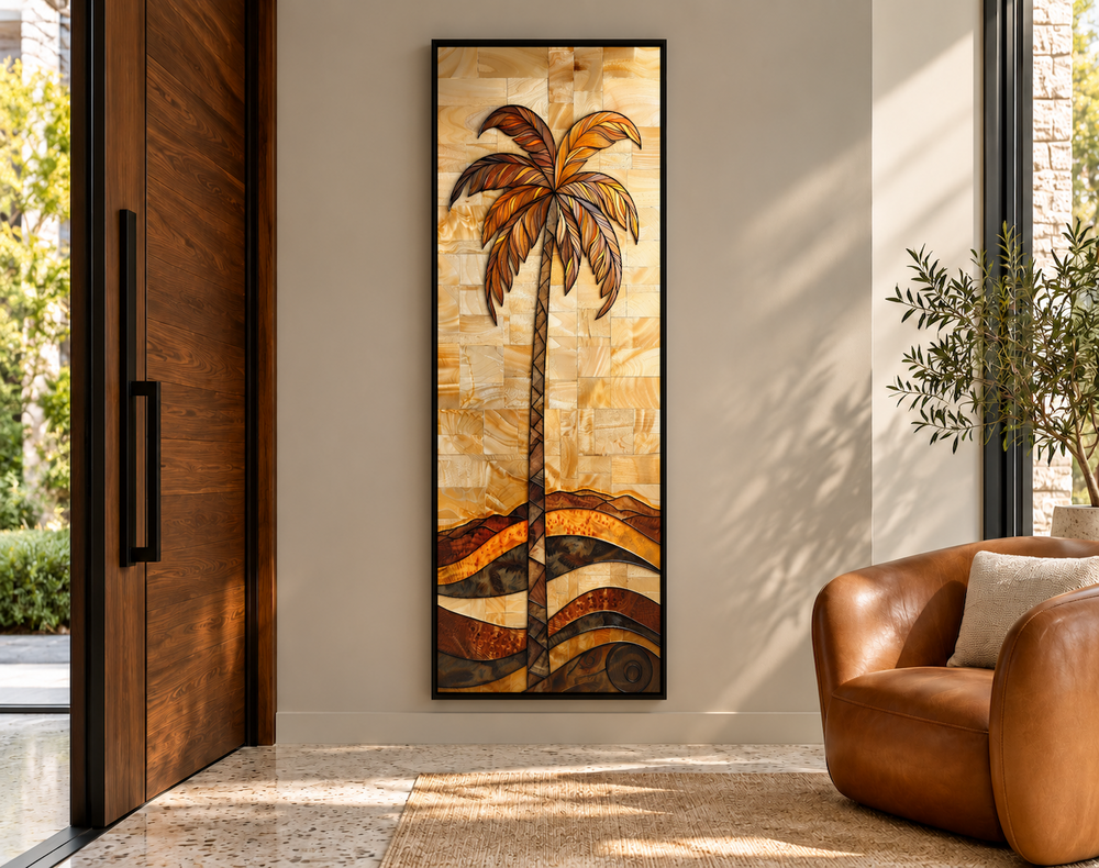 Tall narrow vertical framed canvas wall art featuring a woodgrain-style palm tree in warm tones.