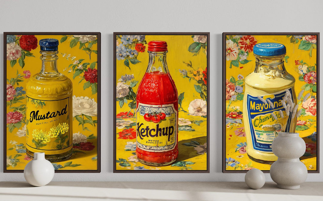 Condiments Wall Art Set of 3, Ketchup, Mustard, and Mayonnaise Retro Food Prints