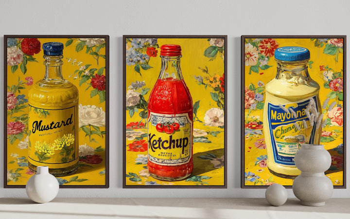 Condiments Wall Art Set of 3, Ketchup, Mustard, and Mayonnaise Retro Food Prints