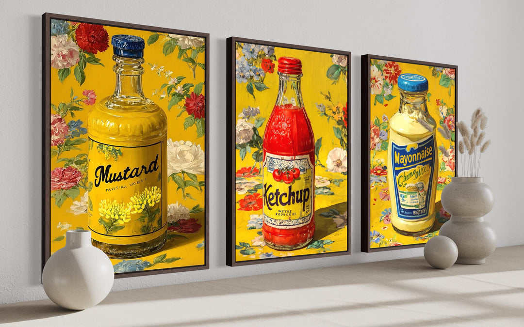 Condiments Wall Art Set of 3, Ketchup, Mustard, and Mayonnaise Retro Food Prints