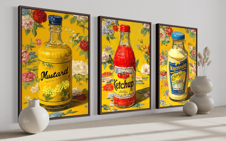 Condiments Wall Art Set of 3, Ketchup, Mustard, and Mayonnaise Retro Food Prints