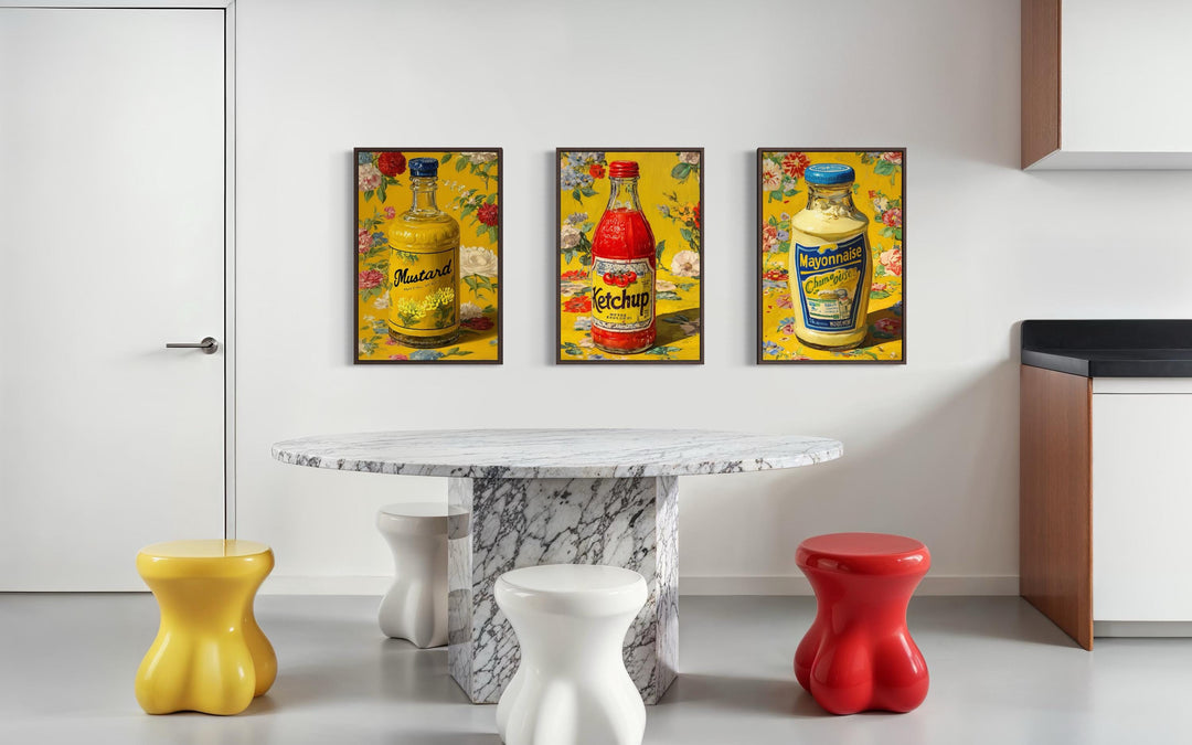 Condiments Wall Art Set of 3, Ketchup, Mustard, and Mayonnaise Retro Food Prints