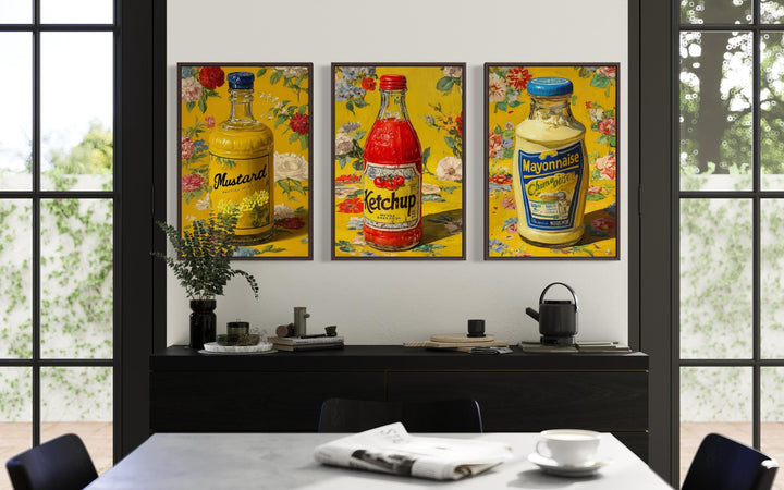 Condiments Wall Art Set of 3, Ketchup, Mustard, and Mayonnaise Retro Food Prints