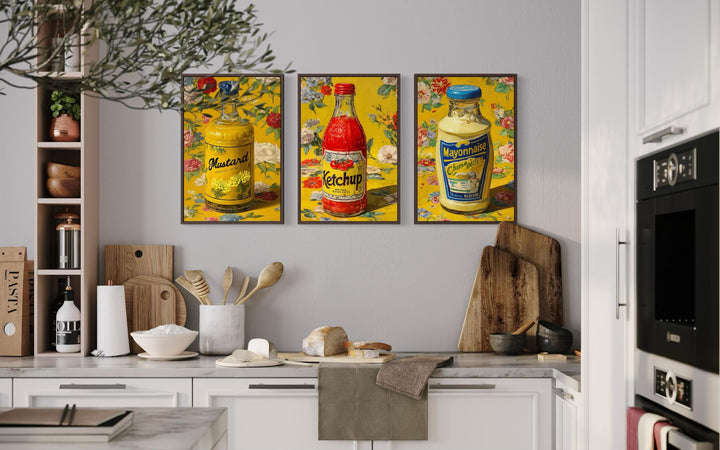 Condiments Wall Art Set of 3, Ketchup, Mustard, and Mayonnaise Retro Food Prints