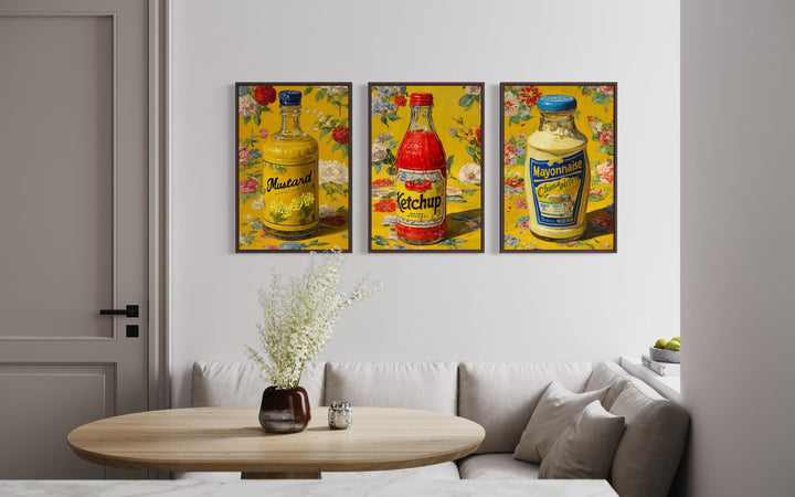 Condiments Wall Art Set of 3, Ketchup, Mustard, and Mayonnaise Retro Food Prints