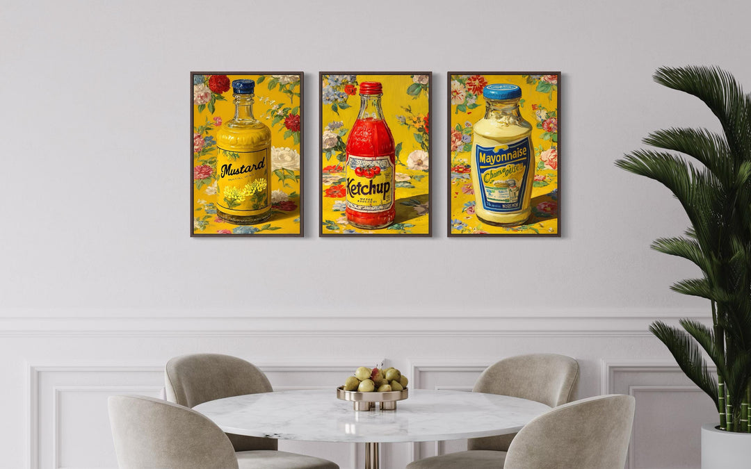Condiments Wall Art Set of 3, Ketchup, Mustard, and Mayonnaise Retro Food Prints