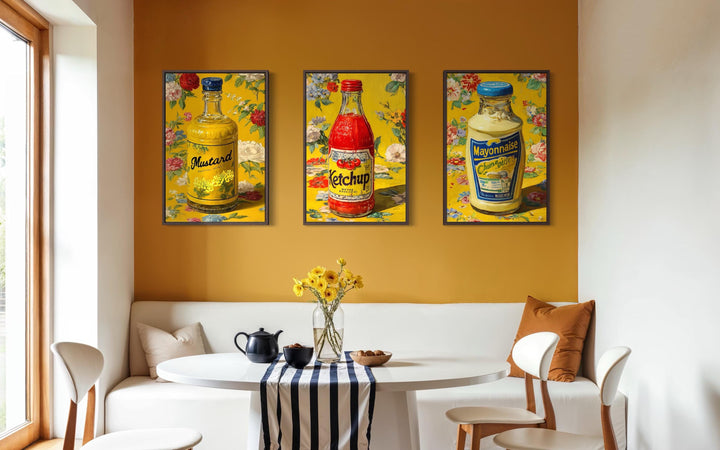 Condiments Wall Art Set of 3, Ketchup, Mustard, and Mayonnaise Retro Food Prints