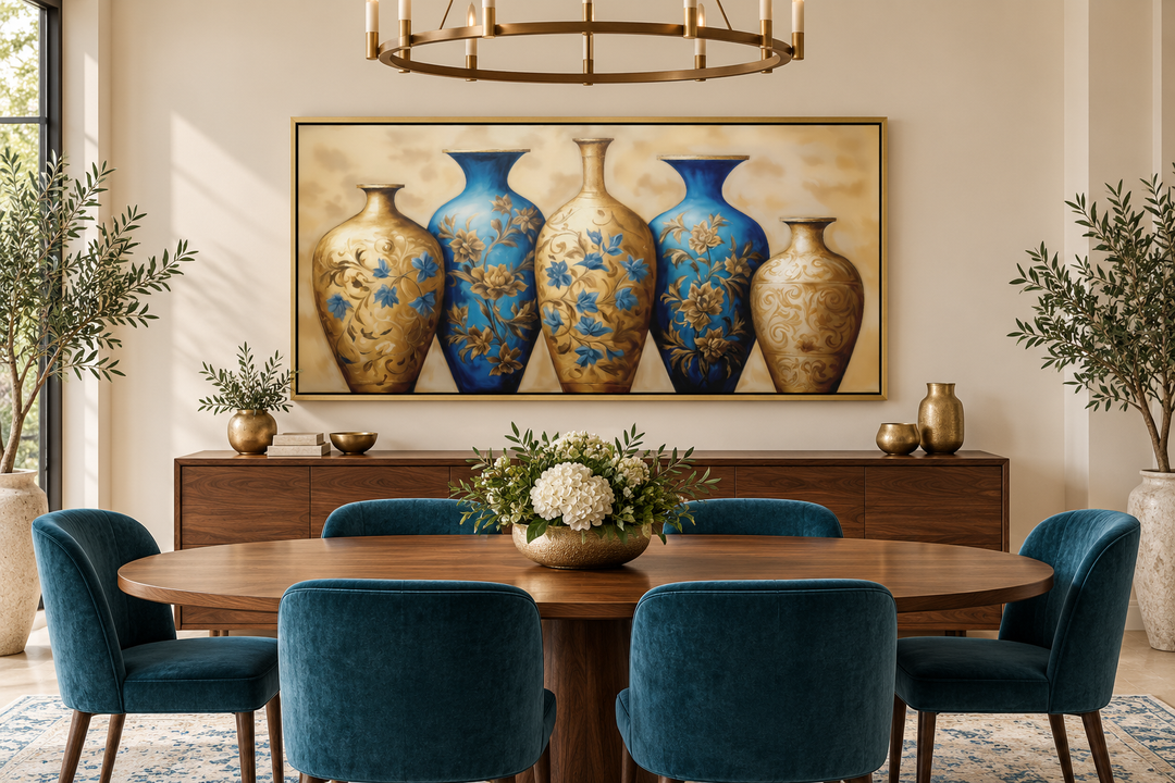 Framed canvas wall art of five blue and gold patterned vases above a wooden dining table.