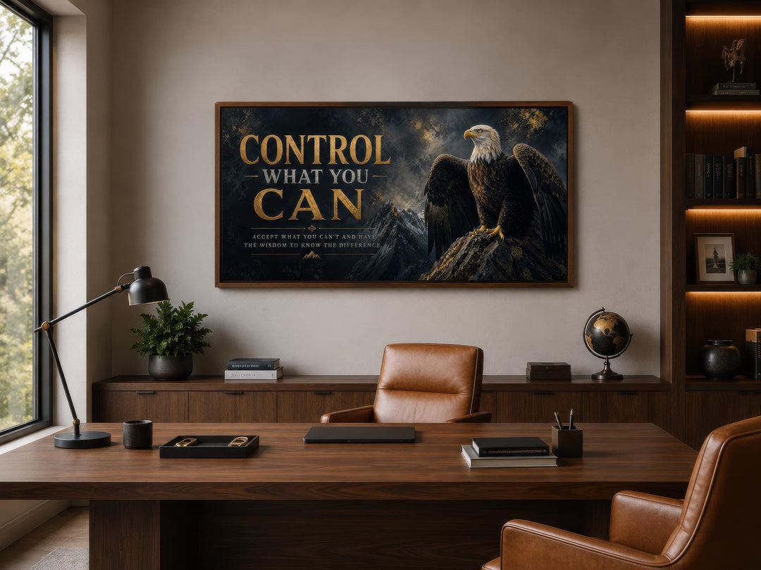 Motivational bald eagle canvas art with gold text in a dark, sophisticated home office setting.
