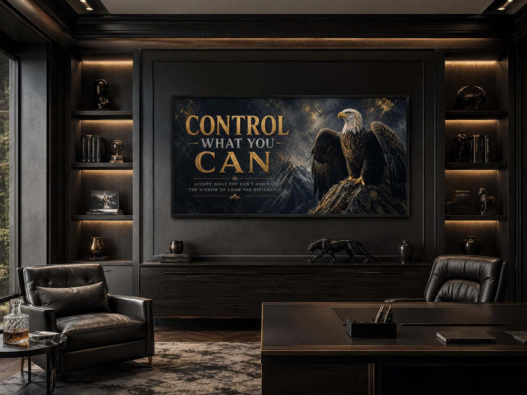 Motivational bald eagle canvas art with gold text "Control What You Can" in a dark office setting.