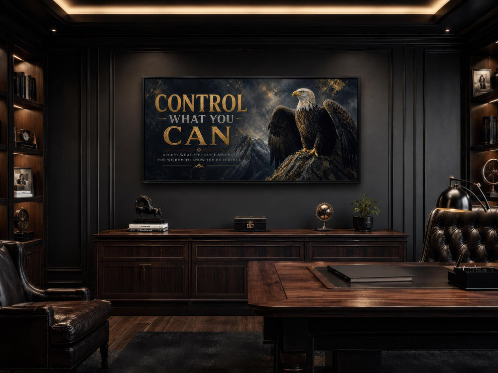Motivational bald eagle canvas art with gold text in a dark, sophisticated office setting.