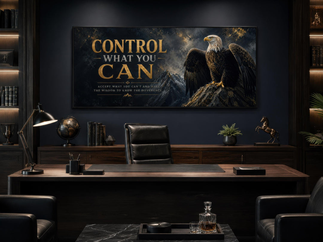 Motivational bald eagle canvas art with gold text in a dark, sophisticated office setting.