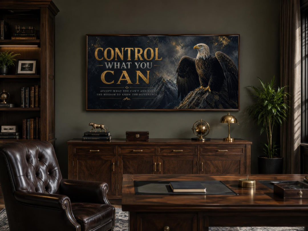Motivational bald eagle canvas print with gold text Control What You Can in a dark office setting.