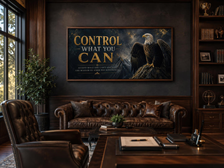 Motivational bald eagle canvas art with gold text 'Control What You Can' in a dark office setting.