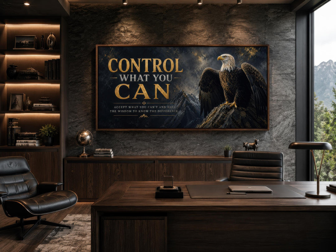 Motivational bald eagle canvas art with gold text "Control What You Can" in a dark office setting.