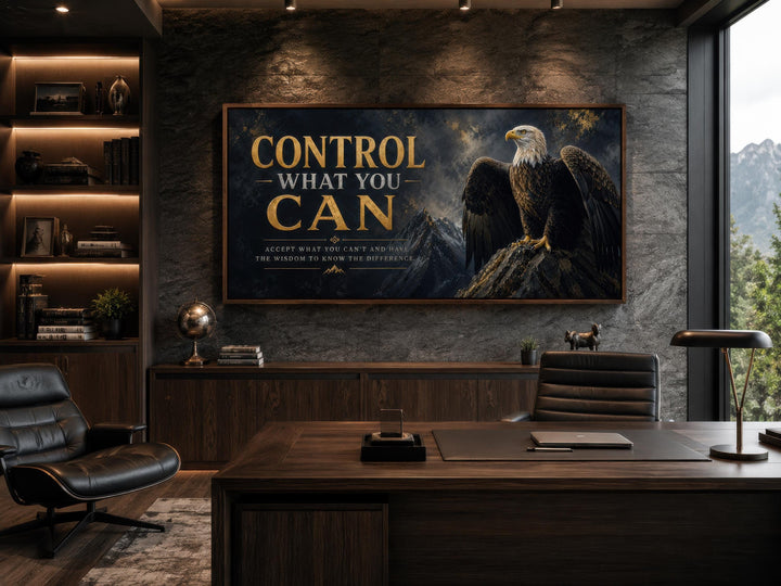 Motivational bald eagle canvas art with gold text "Control What You Can" in a dark office setting.