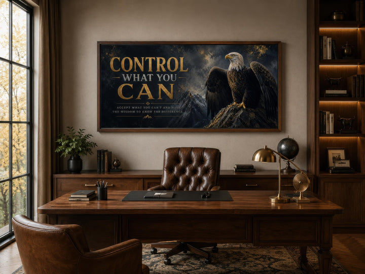 Motivational bald eagle canvas art with gold text "Control What You Can" in a dark office setting.
