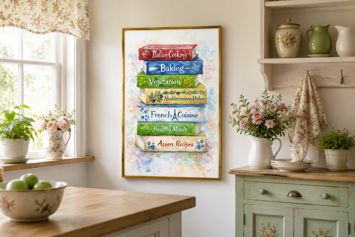 Cookbook wall art canvas featuring a colorful stack of illustrated cookbooks in a farmhouse kitchen.