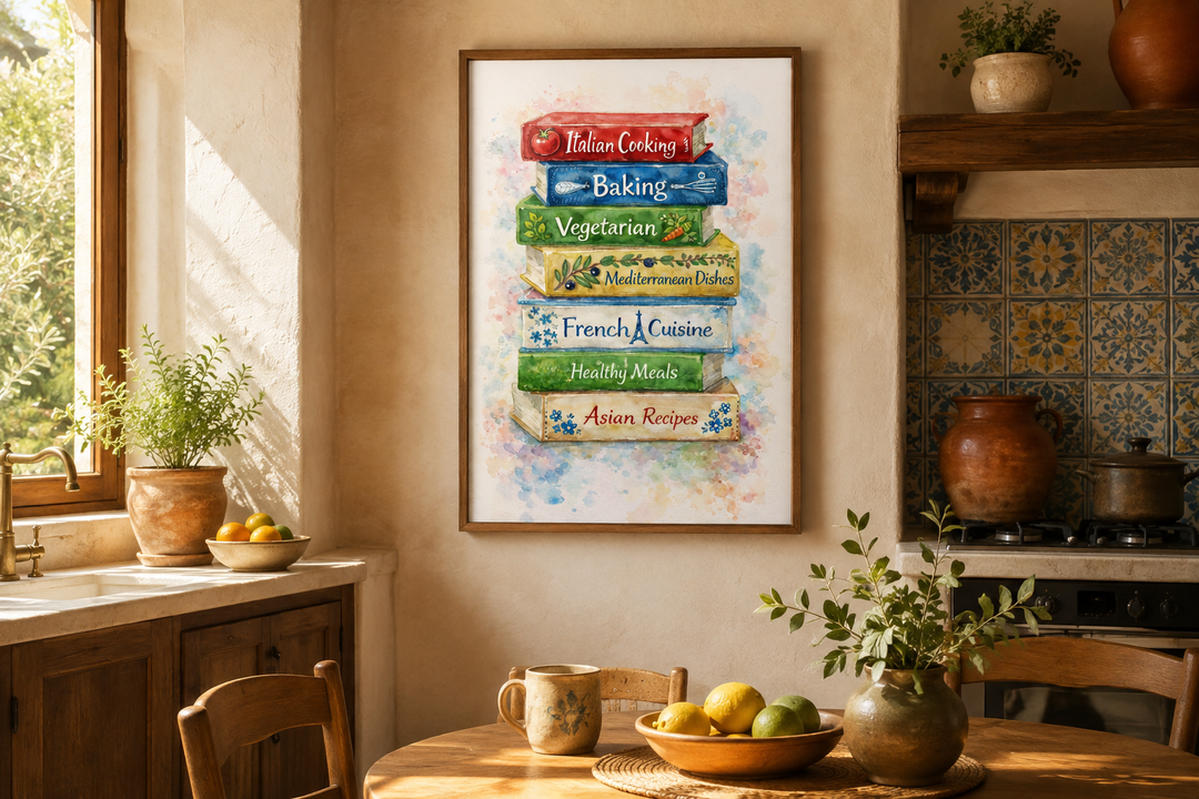 Watercolor canvas print of stacked colorful cookbooks in a rustic farmhouse kitchen setting.