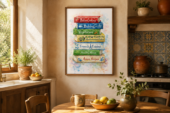 Watercolor canvas print of stacked colorful cookbooks in a rustic farmhouse kitchen setting.