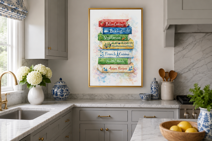 Colorful stacked cookbook canvas print in a gold frame on a farmhouse kitchen wall.