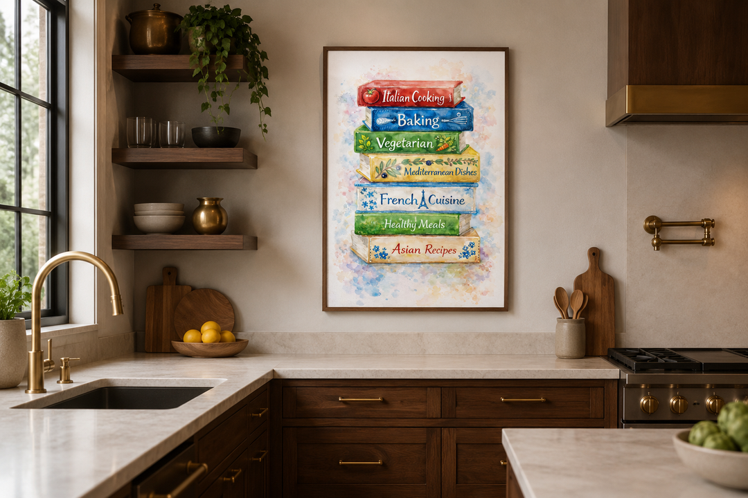 Watercolor stack of cookbooks canvas print in a modern farmhouse kitchen with wooden shelves.
