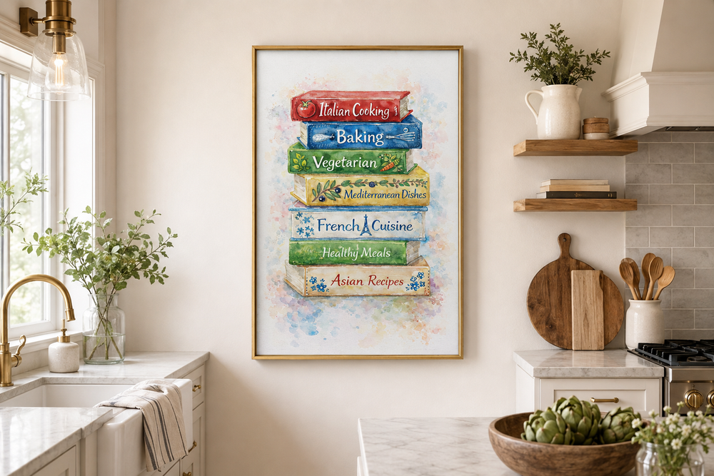 Watercolor cookbook wall art featuring a colorful stack of recipe books in a farmhouse kitchen.