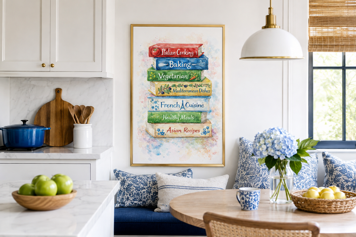 Cookbook wall art canvas print featuring a colorful stack of illustrated cookbooks in a kitchen.