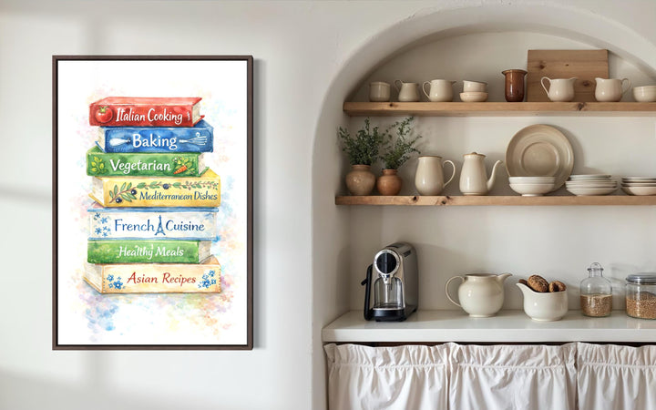 A colorful canvas print of stacked cookbooks hangs in a rustic kitchen with open shelving.
