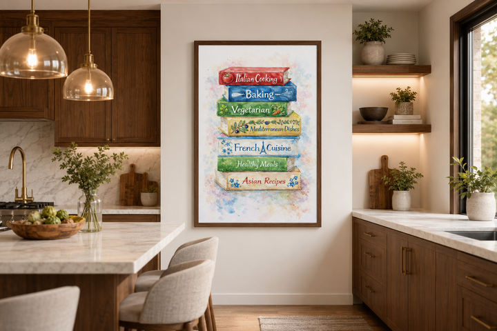 Colorful stacked cookbooks canvas print in a modern farmhouse kitchen with wood cabinets.