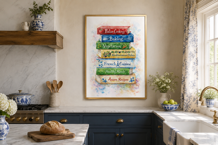 Cookbook wall art canvas print featuring a colorful stack of illustrated cookbooks in a kitchen.