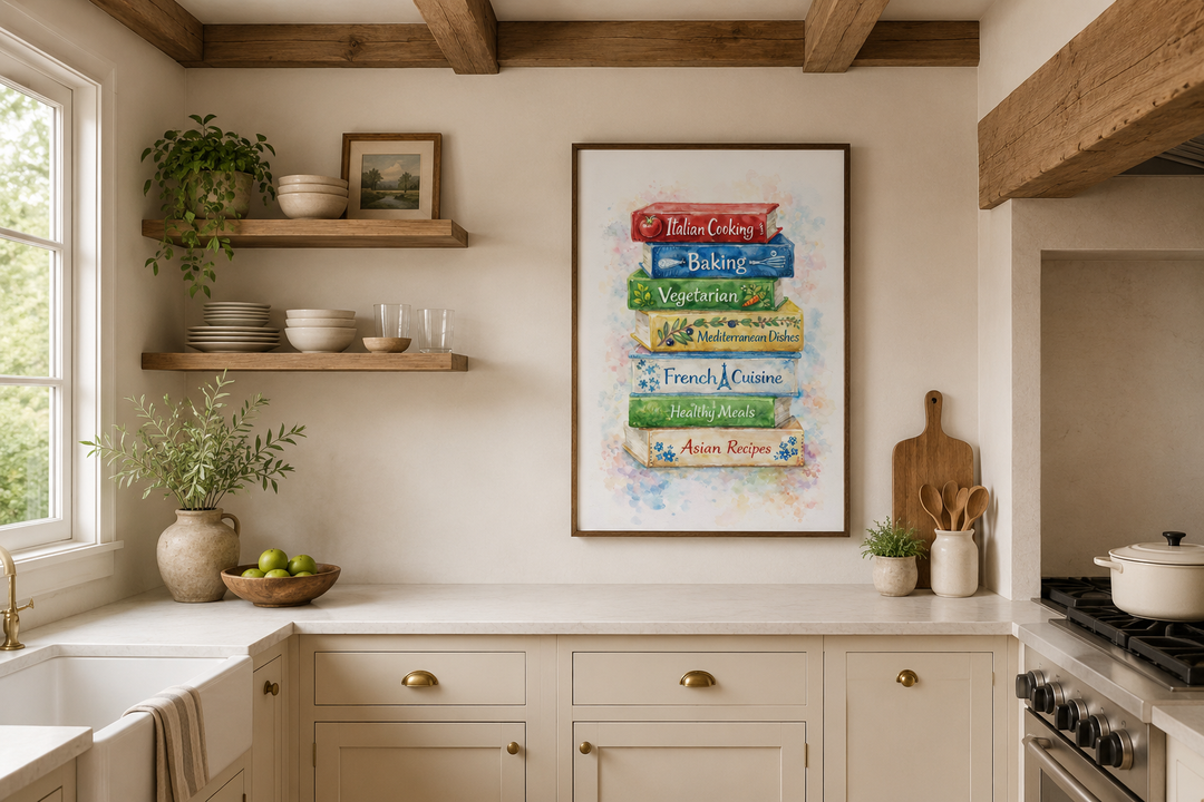 Colorful stacked cookbooks canvas print in a farmhouse kitchen with wooden shelves and countertops.