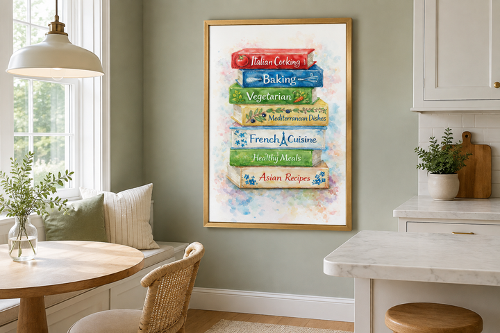 Cookbook wall art canvas print featuring a colorful stack of illustrated cookbooks in a kitchen.