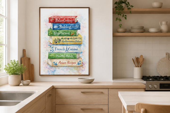 Watercolor canvas print of stacked cookbooks in a bright, modern farmhouse kitchen setting.