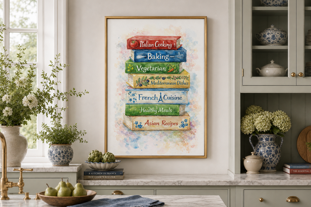 Watercolor canvas print of a colorful stack of cookbooks in a gold frame on a kitchen wall.