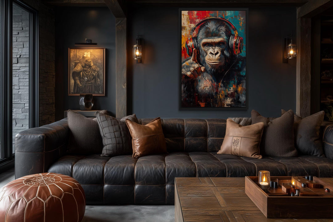 Cool DJ gorilla with headphones canvas wall art in a modern dark living room setting.