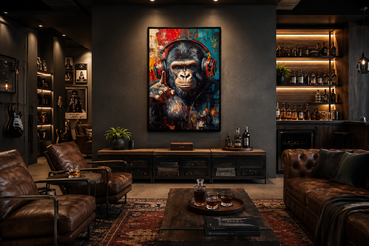 Cool DJ gorilla with headphones canvas wall art in a modern man cave with leather seating.