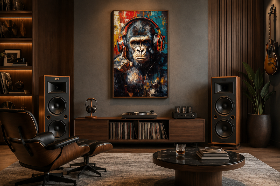 Cool DJ gorilla with headphones canvas wall art in a modern music room with speakers and a chair.