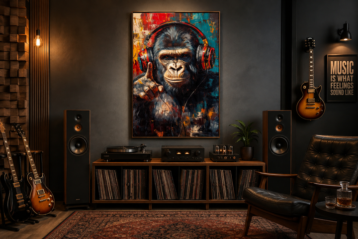 Cool DJ gorilla with headphones canvas wall art in a modern music room with guitars and speakers.