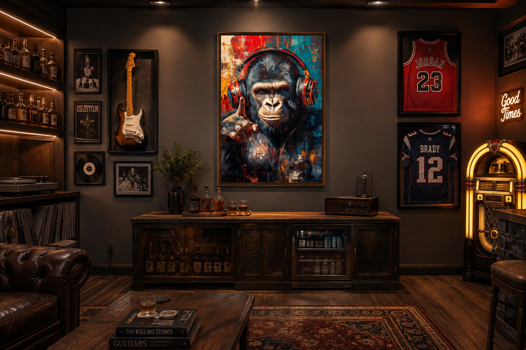 Cool DJ gorilla with headphones canvas wall art in a stylish man cave with sports and music decor.