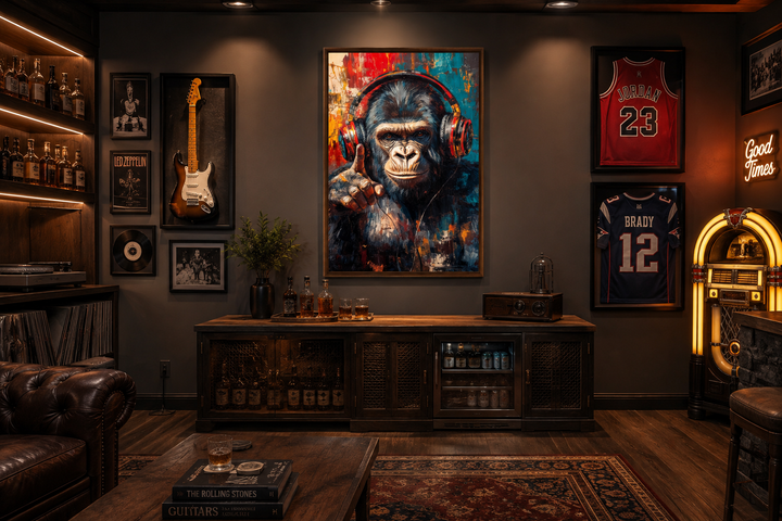 Cool DJ gorilla with headphones canvas wall art in a stylish man cave with sports and music decor.