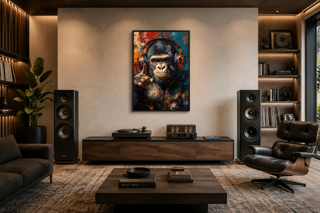 Cool DJ gorilla with headphones canvas wall art in a modern music room with speakers and turntable.