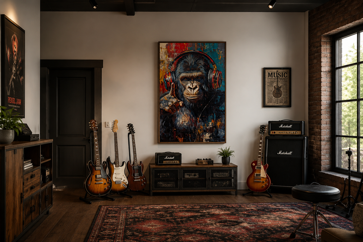 Cool DJ gorilla with headphones canvas wall art in a music room with guitars and Marshall amps.