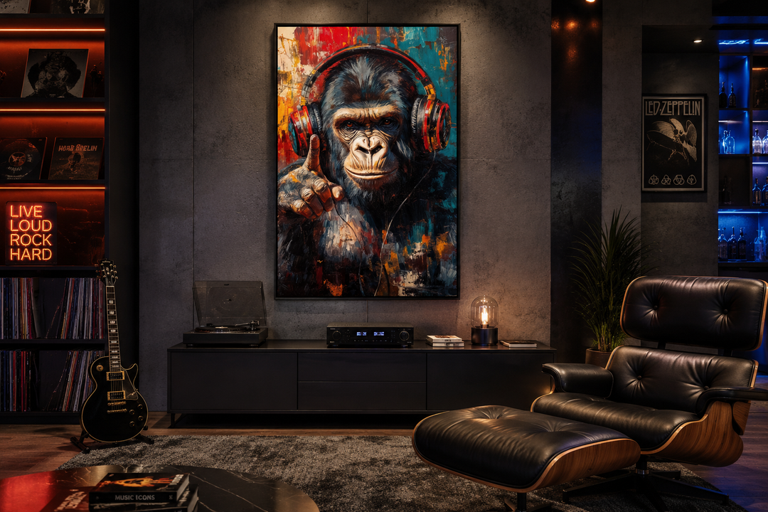 Cool DJ gorilla with headphones canvas wall art in a modern music room with a record player.