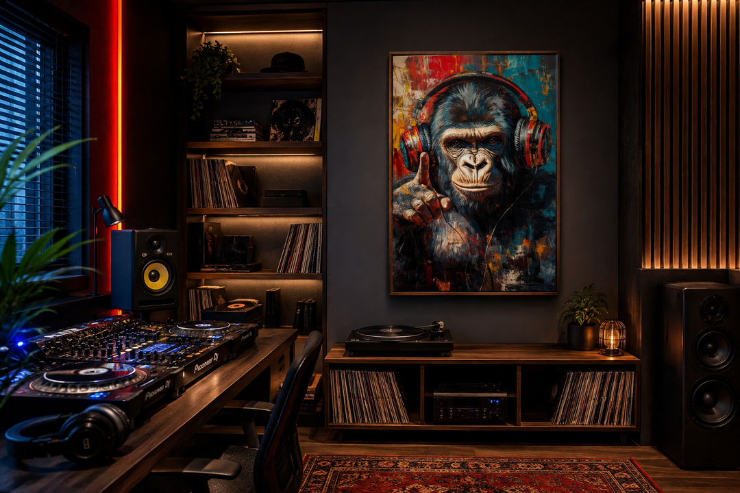 Cool DJ gorilla with headphones canvas wall art in a dark, modern music room with a DJ setup.