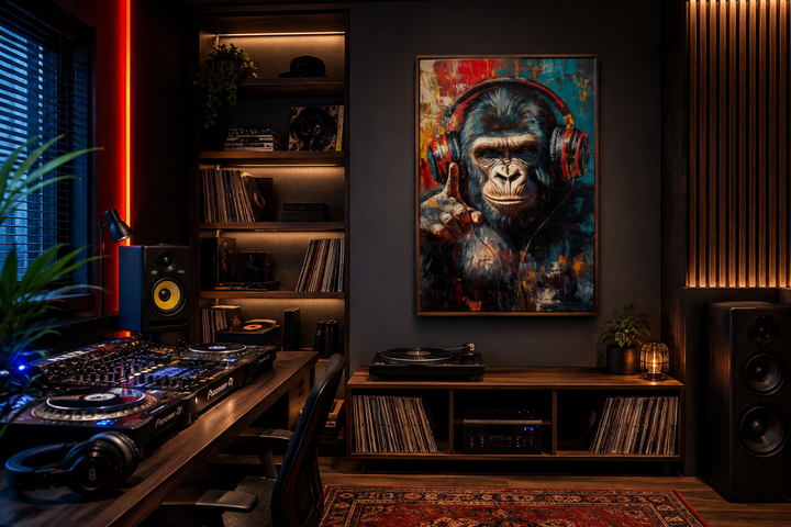 Cool DJ gorilla with headphones canvas wall art in a dark, modern music room with a DJ setup.