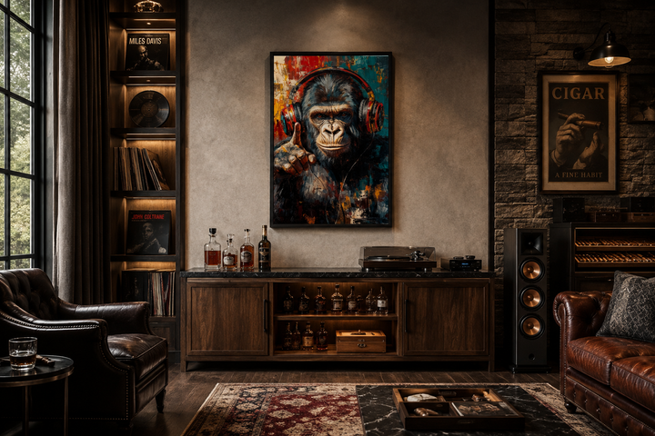 Cool DJ gorilla with headphones canvas wall art in a modern music room with a record player.