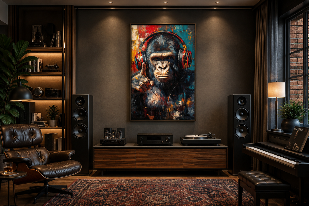Cool DJ gorilla with headphones canvas wall art in a modern music room with speakers and a piano.